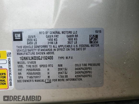 2016 Chevrolet Traverse LTZ with VIN 1GNKVJKD3GJ192400, listed as a Copart auction lot 52664495 with 150,272 mi miles and Salvage Title. Bid and sale history available at DreamBid. Image 15.