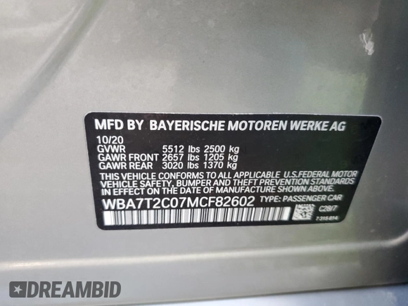 2021 BMW 7 Series 740i with VIN WBA7T2C07MCF82602, listed as a Copart auction lot 62063172 with 0 mi miles. Bid and sale history available at carsss.com. Image 10.