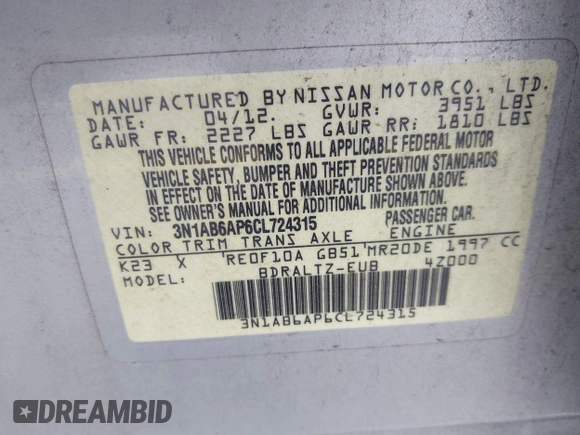 2012 Nissan Sentra SR with VIN 3N1AB6AP6CL724315, listed as a IAAI auction lot 42053543 with 80,614 mi miles and . Bid and sale history available at DreamBid. Image 9.