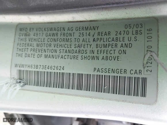2003 Volkswagen Passat GLX with VIN WVWYH63B73E462624, listed as a IAAI auction lot 41555785 with 166,521 mi miles. Bid and sale history available at carsss.com. Image 9.