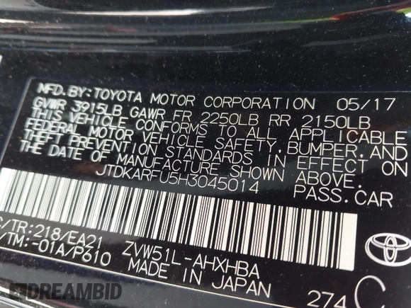2017 Toyota Prius Two with VIN JTDKARFU5H3045014, listed as a IAAI auction lot 42152419 with 69,760 mi miles and . Bid and sale history available at DreamBid. Image 9.