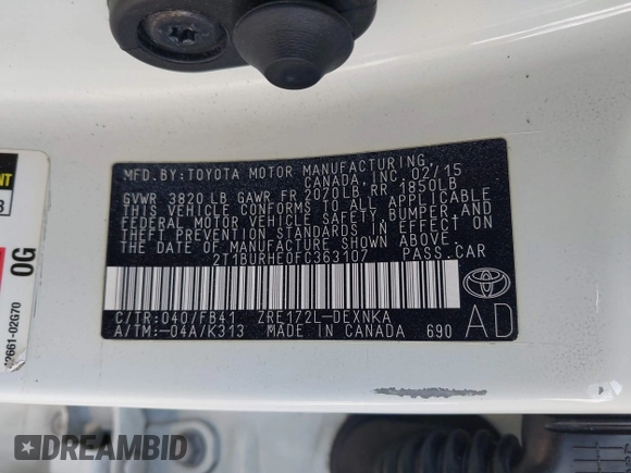2015 Toyota Corolla L z VIN 2T1BURHE0FC363107, wystawiony jako IAAI lot #42148221 z przebiegiem 118 115 mil mil oraz . Historia ofert i sprzedaży dostępna na DreamBid. Obrazek 9.
