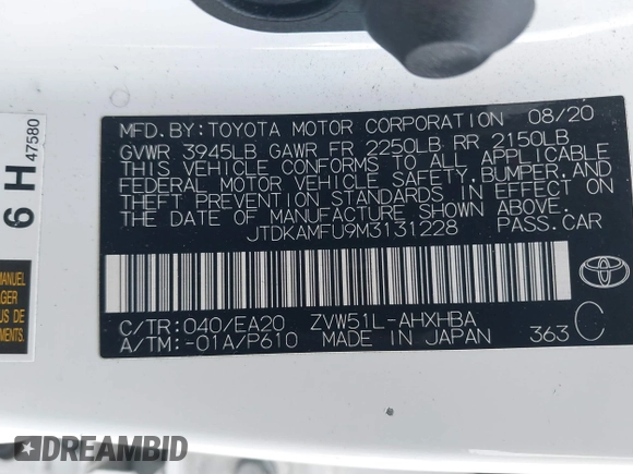 2021 Toyota Prius L Eco z VIN JTDKAMFU9M3131228, wystawiony jako IAAI lot #41257117 z przebiegiem 72 840 mil mil oraz . Historia ofert i sprzedaży dostępna na DreamBid. Obrazek 9.