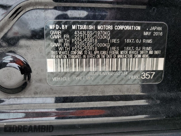 2016 Mitsubishi Outlander Sport 2.4 SEL with VIN JA4AP4AW9GZ052334, listed as a Copart auction lot 89278405 with 70,915 mi miles and Non Repairable. Bid and sale history available at carsss.com. Image 12.