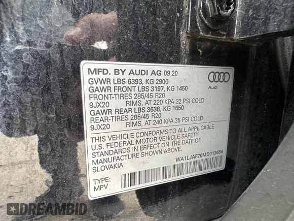 2021 Audi Q7 Premium Plus with VIN WA1LJAF70MD013666, listed as a Copart auction lot 57488155 with 85,068 mi miles and Clean title. Bid and sale history available at DreamBid. Image 10.