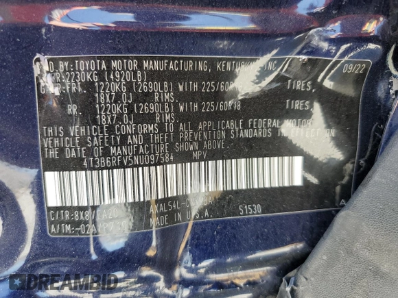 2022 Toyota RAV4 Hybrid XLE Premium z VIN 4T3B6RFV5NU097584, wystawiony jako Copart lot #56163835 z przebiegiem 25 016 mil mil oraz Szkoda całkowita • Salvage title. Historia ofert i sprzedaży dostępna na DreamBid. Obrazek 13.