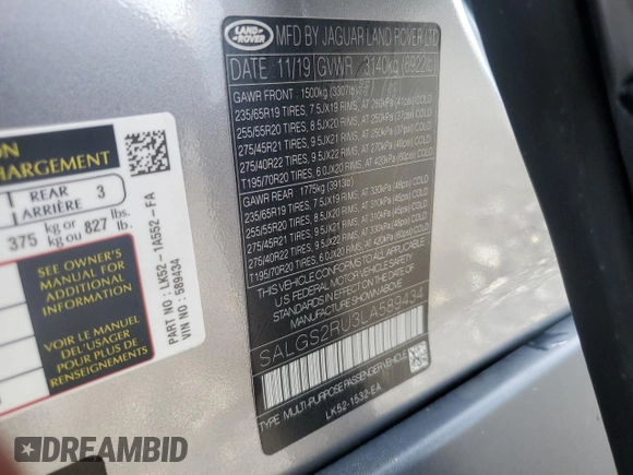 2020 Land Rover Range Rover HSE with VIN SALGS2RU3LA589434, listed as a Copart auction lot 59988515 with 40,506 mi miles and Salvage title. Bid and sale history available at DreamBid. Image 14.