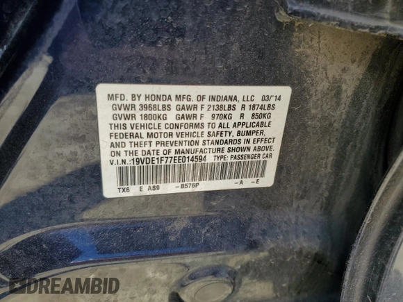 2014 Acura ILX Technology with VIN 19VDE1F77EE014594, listed as a Copart auction lot 57798705 with 102,869 mi miles and Salvage title. Bid and sale history available at DreamBid. Image 13.