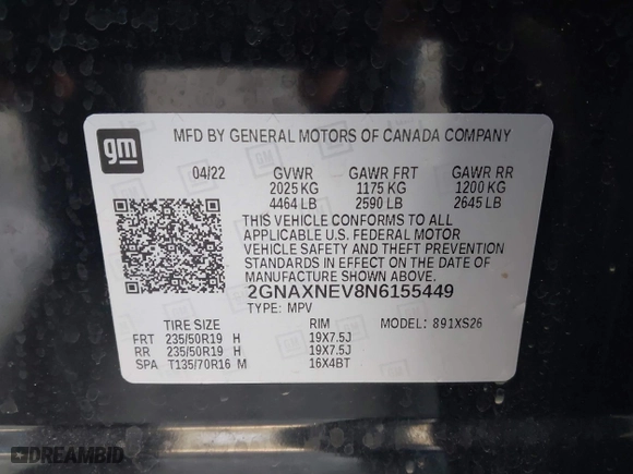 2022 Chevrolet Equinox Premier with VIN 2GNAXNEV8N6155449, listed as a IAAI auction lot 41589294 with 46,482 mi miles. Bid and sale history available at carsss.com. Image 9.
