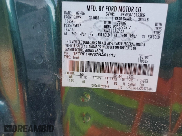 2007 Ford F-150 XL with VIN 1FTRF14W67NA01113, listed as a Copart auction lot 76788144 with 99,026 mi miles and Clean title. Bid and sale history available at DreamBid. Image 12.