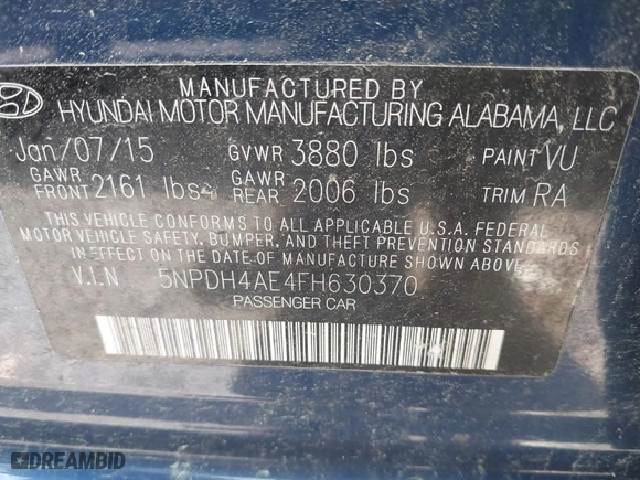 2015 Hyundai Elantra SE with VIN 5NPDH4AE4FH630370, listed as a IAAI auction lot 41983096 with 83,800 mi miles. Bid and sale history available at carsss.com. Image 9.