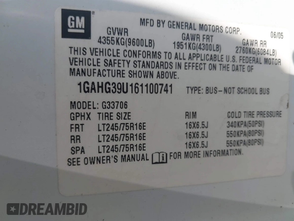 2006 Chevrolet Express Passenger with VIN 1GAHG39U161100741, listed as a IAAI auction lot 42606645 with Not provided miles and . Bid and sale history available at DreamBid. Image 9.