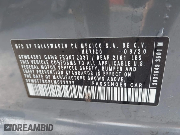 2020 Volkswagen Jetta GLI S with VIN 3VW6T7BU8LM099899, listed as a IAAI auction lot 41361494 with 92,219 mi miles and . Bid and sale history available at DreamBid. Image 9.