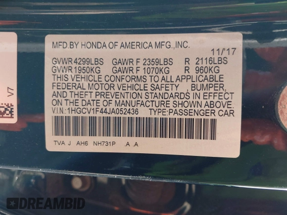 2018 Honda Accord EX with VIN 1HGCV1F44JA052436, listed as a IAAI auction lot 41848390 with 99,871 mi miles and . Bid and sale history available at DreamBid. Image 9.