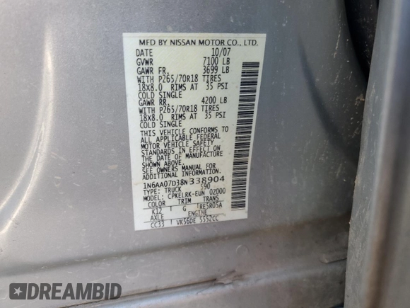 2008 Nissan Titan XE with VIN 1N6AA07D38N338904, listed as a Copart auction lot 54950515 with 220,635 mi miles and Clean Title. Bid and sale history available at carsss.com. Image 12.