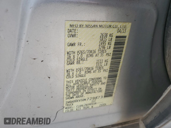 2013 Nissan Frontier SV with VIN 1N6AD0EV5DN729873, listed as a Copart auction lot 60891695 with 137,994 mi miles and Salvage title. Bid and sale history available at DreamBid. Image 12.