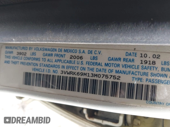 2003 Volkswagen Jetta GL с VIN 3VWRK69M13M075752, выставлен на аукционе IAAI как лот 42241488 с пробегом 169 831 миль миль и . История ставок и продаж доступна на DreamBid. Изображение 9.