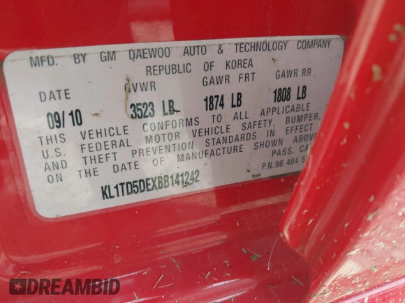 2011 Chevrolet Aveo 1LT with VIN KL1TD5DEXBB141242, listed as a IAAI auction lot 42573592 with 118,173 mi miles and . Bid and sale history available at DreamBid. Image 9.