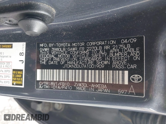 2010 Toyota Prius II with VIN JTDKN3DU7A1001909, listed as a IAAI auction lot 42257680 with 226,251 mi miles and . Bid and sale history available at DreamBid. Image 9.