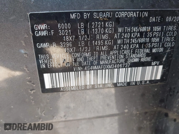 2021 Subaru Ascent Premium с VIN 4S4WMAFDXM3406737, выставлен на аукционе IAAI как лот 42061730 с пробегом 134 924 миль миль и . История ставок и продаж доступна на DreamBid. Изображение 9.