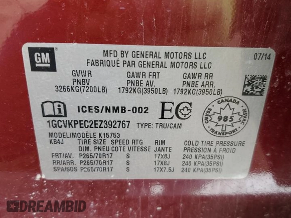 2014 Chevrolet Silverado 1500 Work Truck with VIN 1GCVKPEC2EZ392767, listed as a Copart auction lot 53114745 with 185,462 mi miles and Clean Title. Bid and sale history available at DreamBid. Image 12.