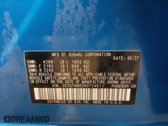 2022 Subaru Impreza with VIN 4S3GTAB62N3724811, listed as a IAAI auction lot 41235792 with 25,500 mi miles and . Bid and sale history available at DreamBid. Image 9.