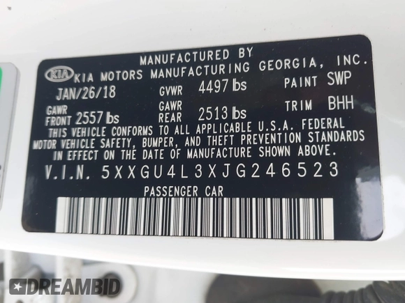 2018 Kia Optima EX with VIN 5XXGU4L3XJG246523, listed as a IAAI auction lot 41904668 with 104,767 mi miles and . Bid and sale history available at carsss.com. Image 9.