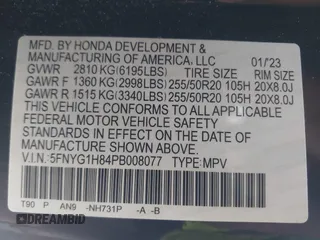 2023 Honda Pilot Elite with VIN 5FNYG1H84PB008077, listed as a IAAI auction lot 41762661 with 41,412 mi miles. Bid and sale history available at carsss.com. Image 9.