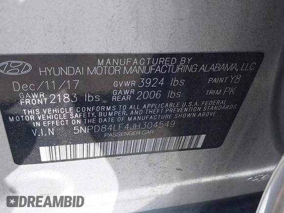 2018 Hyundai Elantra SEL with VIN 5NPD84LF4JH304549, listed as a IAAI auction lot 41981428 with 81,022 mi miles and . Bid and sale history available at DreamBid. Image 9.