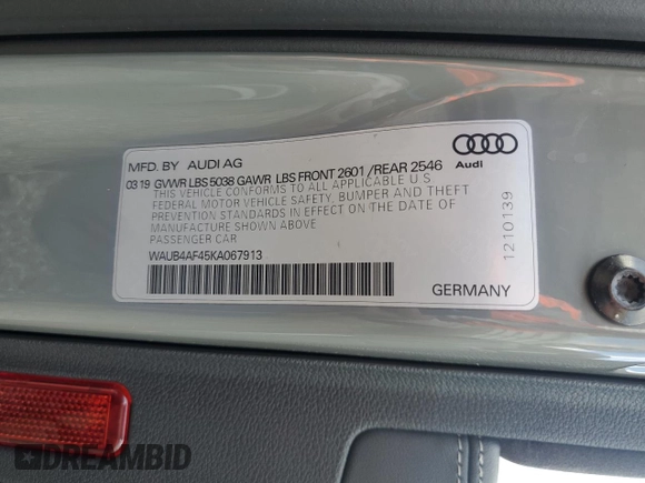 2019 Audi S4 Premium Plus with VIN WAUB4AF45KA067913, listed as a Copart auction lot 59495224 with 39,625 mi miles and Salvage Title. Bid and sale history available at carsss.com. Image 13.