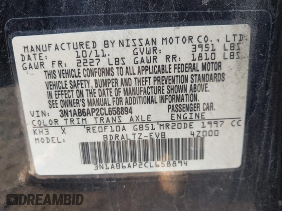 2012 Nissan Sentra SR with VIN 3N1AB6AP2CL658894, listed as a IAAI auction lot 41450085 with 92,586 mi miles and . Bid and sale history available at DreamBid. Image 9.