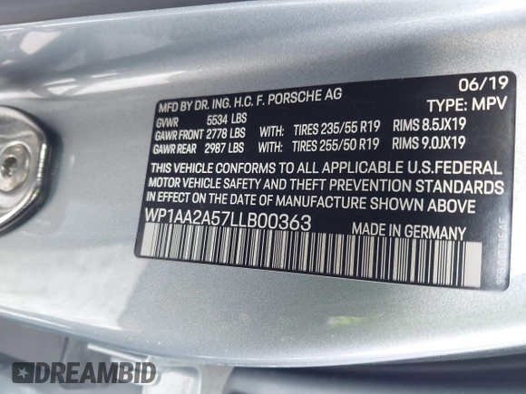2020 Porsche Macan with VIN WP1AA2A57LLB00363, listed as a IAAI auction lot 41329460 with 35,585 mi miles and . Bid and sale history available at DreamBid. Image 9.