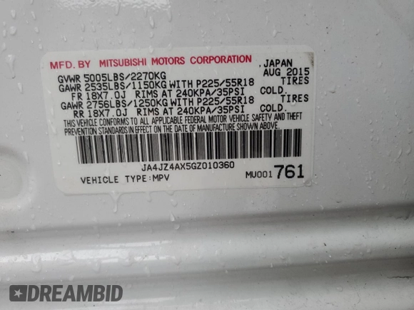 2016 Mitsubishi Outlander GT z VIN JA4JZ4AX5GZ010360, wystawiony jako Copart lot #59925454 z przebiegiem 134 175 mil mil oraz Szkoda całkowita • Salvage title. Historia ofert i sprzedaży dostępna na DreamBid. Obrazek 13.