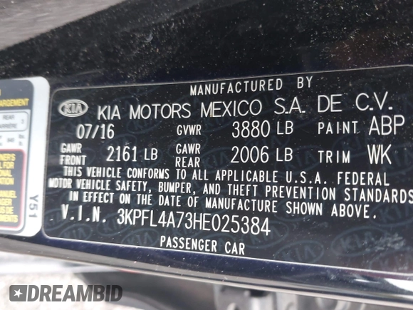 2017 Kia Forte S with VIN 3KPFL4A73HE025384, listed as a IAAI auction lot 42048291 with 120,016 mi miles and . Bid and sale history available at DreamBid. Image 9.