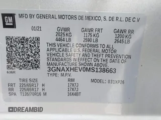 2021 Chevrolet Equinox LS with VIN 3GNAXHEV0MS138663, listed as a IAAI auction lot 42065614 with 18,081 mi miles and . Bid and sale history available at DreamBid. Image 9.