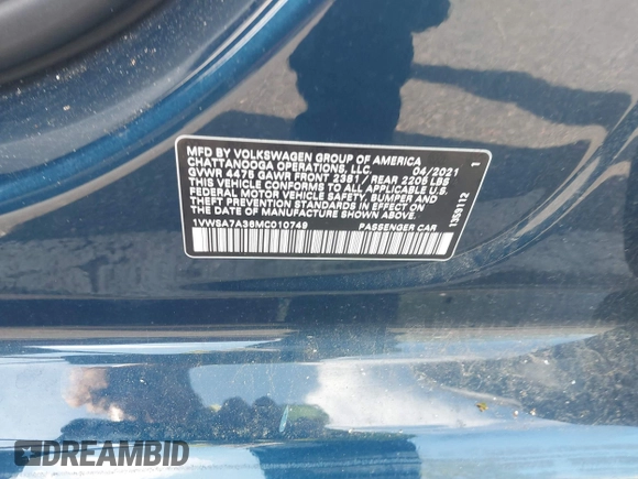 2021 Volkswagen Passat SE with VIN 1VWSA7A36MC010749, listed as a IAAI auction lot 42141065 with 43,571 mi miles and . Bid and sale history available at DreamBid. Image 9.