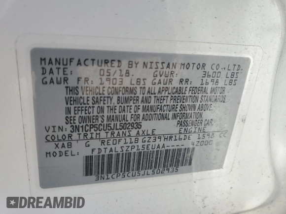 2018 Nissan Kicks SV with VIN 3N1CP5CU5JL502935, listed as a Copart auction lot 56126525 with 49,519 mi miles and Salvage title. Bid and sale history available at DreamBid. Image 13.