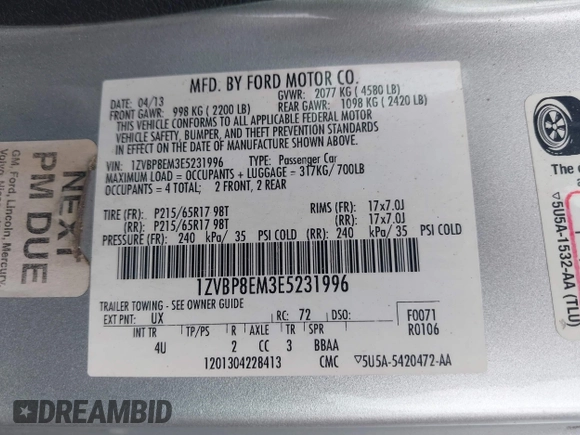 2014 Ford Mustang V6 with VIN 1ZVBP8EM3E5231996, listed as a IAAI auction lot 42537352 with 149,242 mi miles and . Bid and sale history available at DreamBid. Image 9.