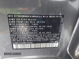 2024 Volkswagen Tiguan S with VIN 3VVRB7AX5RM142006, listed as a IAAI auction lot 42199560 with 235 mi miles and . Bid and sale history available at DreamBid. Image 9.