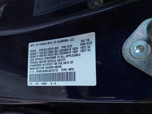 2020 Honda Odyssey Touring with VIN 5FNRL6H82LB015715, listed as a IAAI auction lot 41915849 with 69,603 mi miles and . Bid and sale history available at DreamBid. Image 9.
