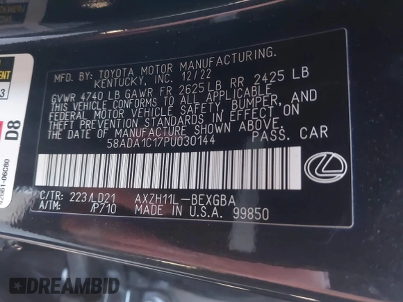 2023 Lexus ES with VIN 58ADA1C17PU030144, listed as a IAAI auction lot 41698529 with 18,344 mi miles. Bid and sale history available at carsss.com. Image 9.