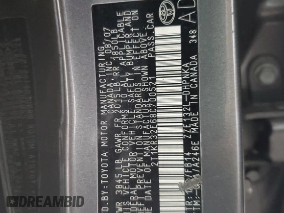 2008 Toyota Matrix STD with VIN 2T1KR32E68C700521, listed as a Copart auction lot 89015745 with 88,671 mi miles and Non Repairable. Bid and sale history available at DreamBid. Image 12.