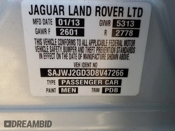 2013 Jaguar XJ Portfolio with VIN SAJWJ2GD3D8V47266, listed as a Copart auction lot 46824695 with 157,151 mi miles and Salvage title. Bid and sale history available at DreamBid. Image 13.