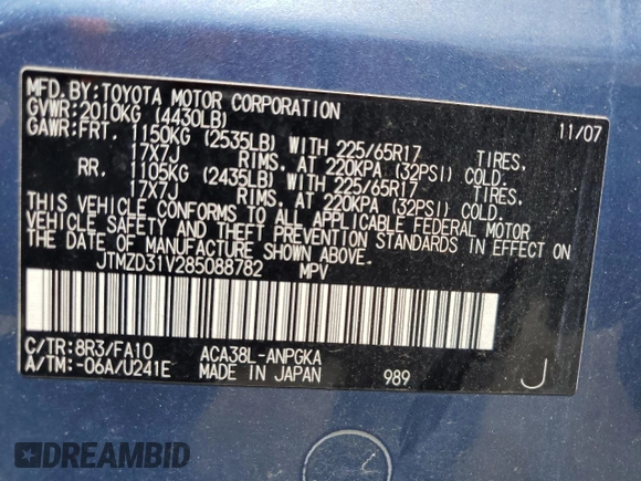 2008 Toyota RAV4 Limited with VIN JTMZD31V285088782, listed as a Copart auction lot 58239225 with 174,833 mi miles and Salvage title. Bid and sale history available at DreamBid. Image 13.
