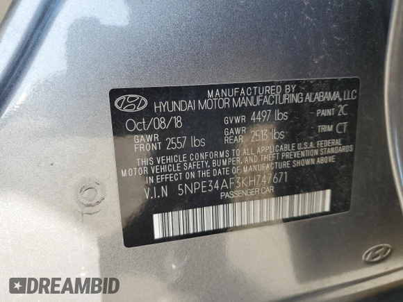 2019 Hyundai Sonata SEL with VIN 5NPE34AF3KH747671, listed as a Copart auction lot 50092005 with 62,999 mi miles and Salvage Title. Bid and sale history available at DreamBid. Image 13.
