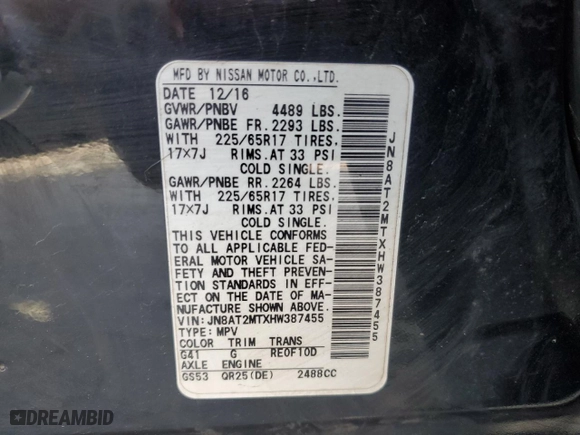 2017 Nissan Rogue S with VIN JN8AT2MTXHW387455, listed as a Copart auction lot 51064605 with 143,947 mi miles and Salvage Title. Bid and sale history available at carsss.com. Image 15.