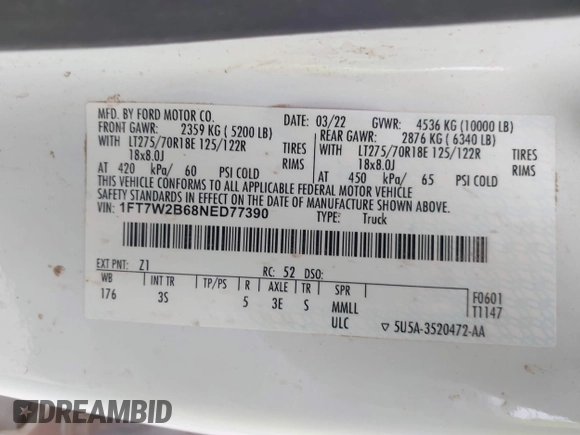 2022 Ford F-250 XL с VIN 1FT7W2B68NED77390, выставлен на аукционе IAAI как лот 41934588 с пробегом 193 568 миль миль и . История ставок и продаж доступна на DreamBid. Изображение 9.