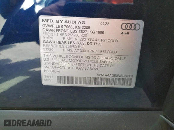 2022 Audi e-tron Premium with VIN WA1AAAGE0NB026001, listed as a Copart auction lot 57532563 with 0 mi miles. Bid and sale history available at carsss.com. Image 13.