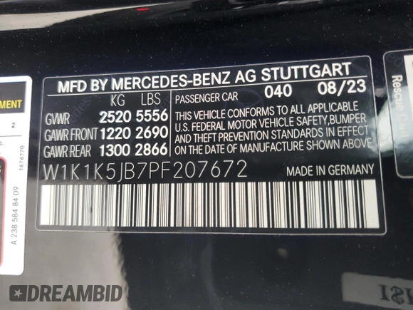 2023 Mercedes-Benz E-Class E 450 with VIN W1K1K5JB7PF207672, listed as a Copart auction lot 47385654 with 735 mi miles and Salvage Title. Bid and sale history available at carsss.com. Image 15.