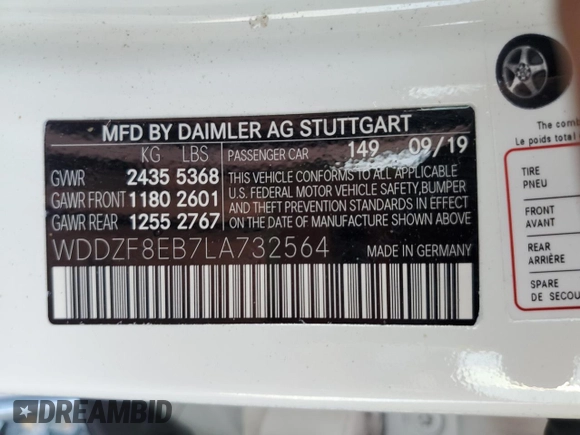 2020 Mercedes-Benz E 350 with VIN WDDZF8EB7LA732564, listed as a Copart auction lot 53996955 with 35,743 mi miles and Salvage Title. Bid and sale history available at DreamBid. Image 12.